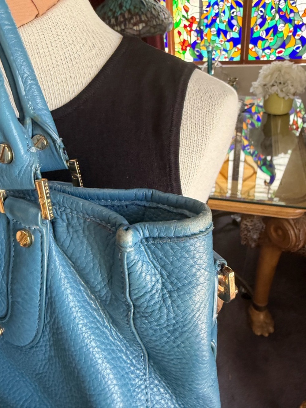 Tory Burch Blue Teal Pebbled Leather Shoulder Bag with Gold Logo - Picture 3 of 14